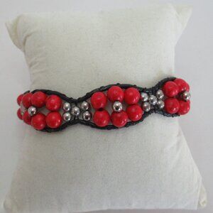 7" - 8" Red and Silver BEADED Flower Pattern w/ Leather BRACELET NEW Size M/L
